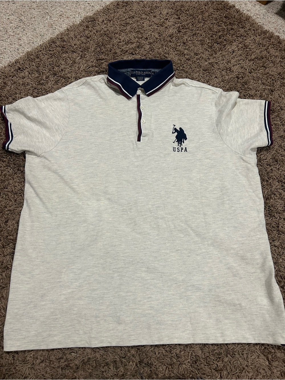 U.S. Polo Assn. Heathered Cream Polo with Navy and Maroon Trim